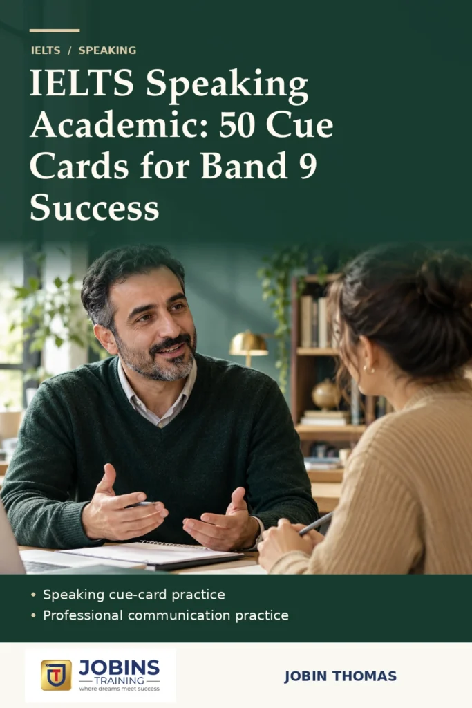 IELTS Speaking Academic: 50 Cue Cards for Band 9 Success by Jobin Thomas — front cover