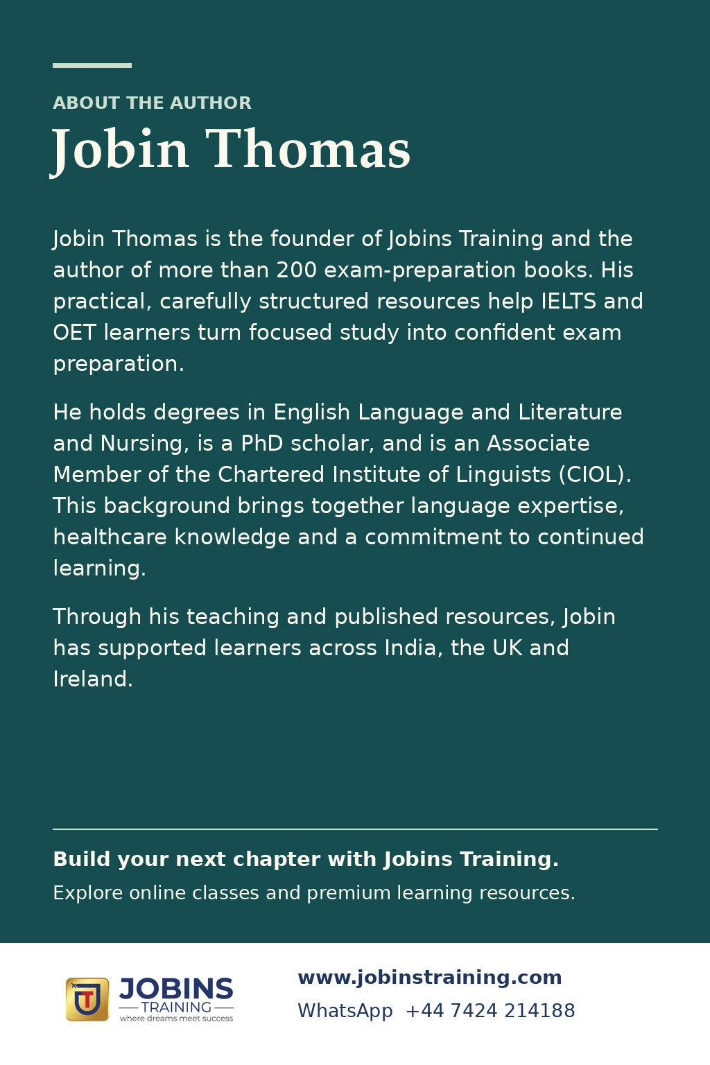 IELTS Speaking Academic: 50 Full-Length Band 9 Sample Answers by Jobin Thomas — back cover