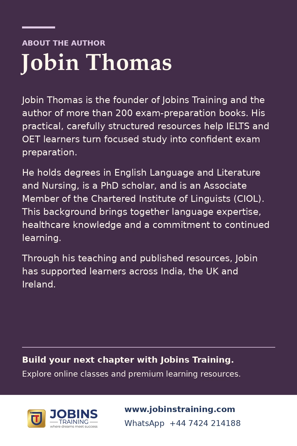 OET Speaking for Nurses by Jobin Thomas — back cover