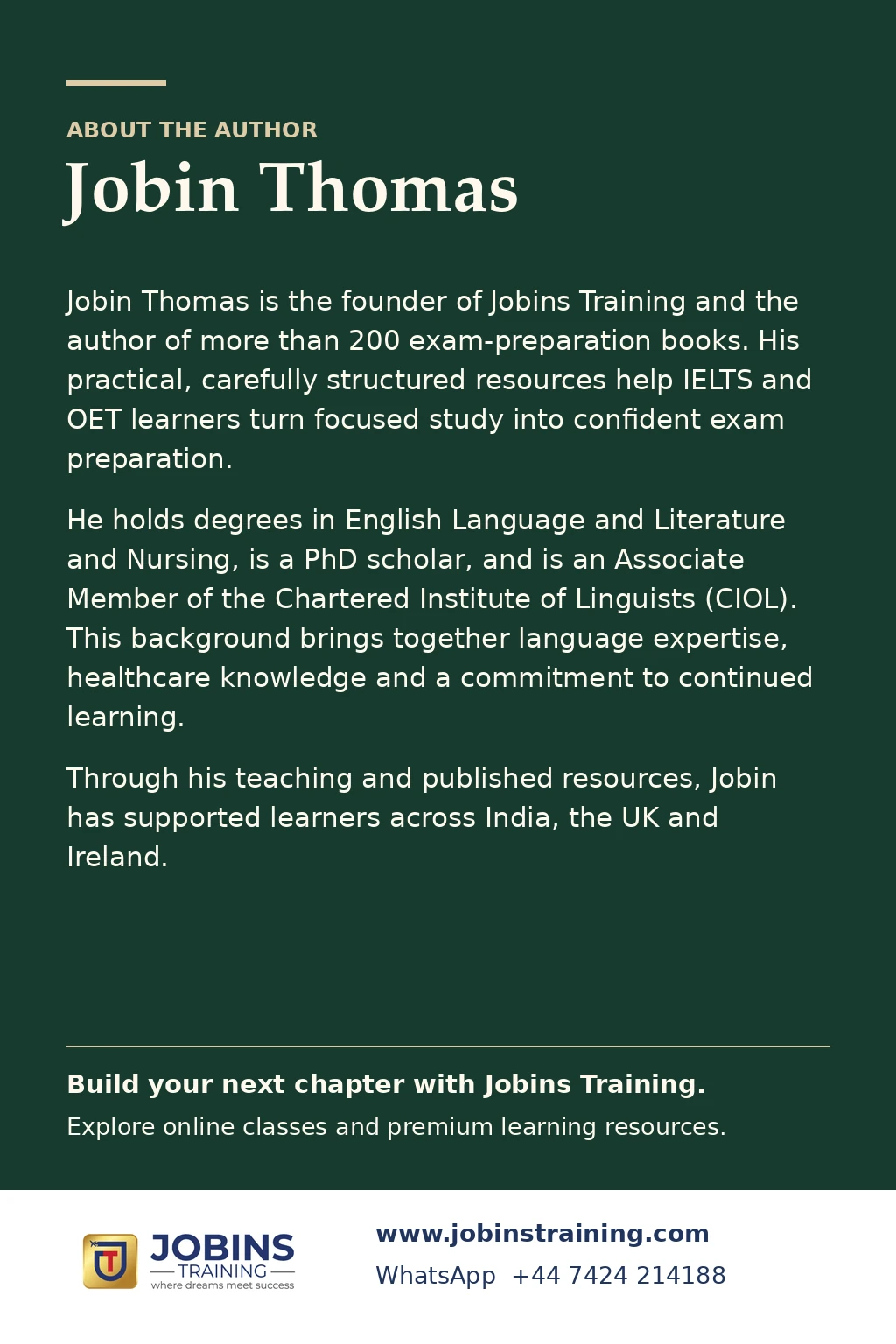 Doctor’s Speaking Success: Fifty Authentic OET Role Plays by Jobin Thomas — back cover