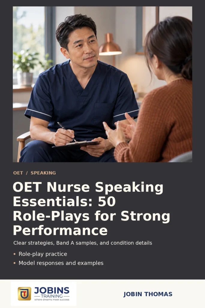 OET Nurse Speaking Essentials: 50 Role-Plays for Strong Performance by Jobin Thomas — front cover