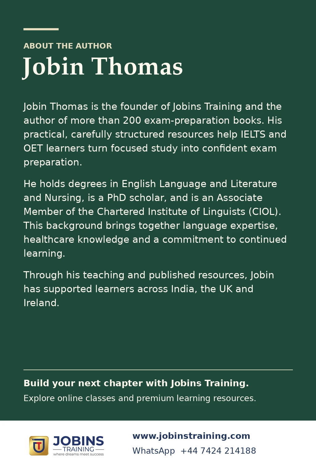 Achieve OET Pharmacy Speaking Excellence: Fifty Guided Cases by Jobin Thomas — back cover