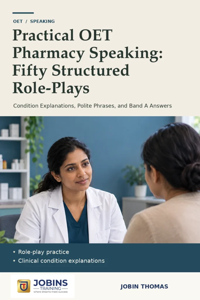 Practical OET Pharmacy Speaking: Fifty Structured Role-Plays by Jobin Thomas — front cover