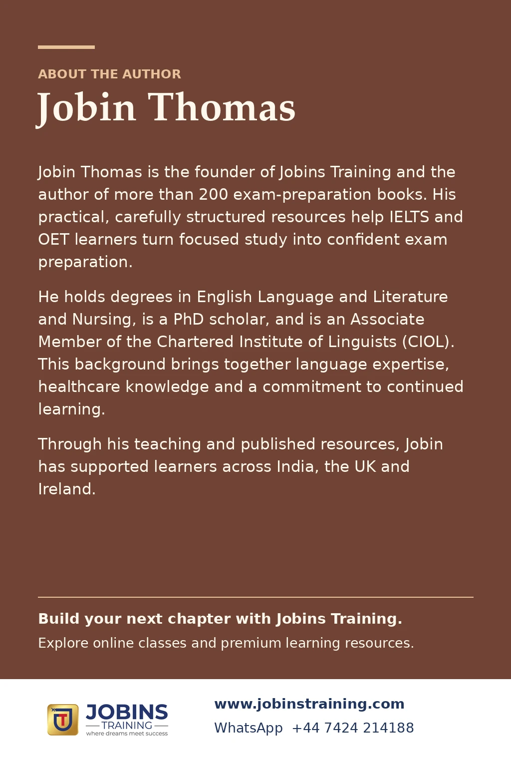 OET Physiotherapy Speaking: Fifty Role Play Masterpieces by Jobin Thomas — back cover
