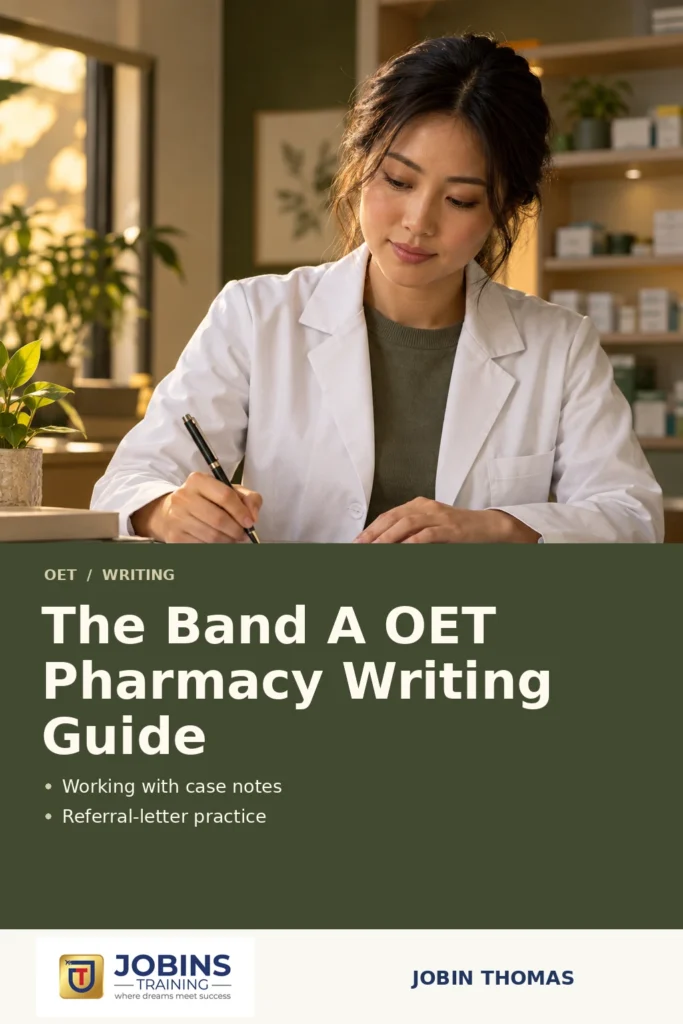 The Band A OET Pharmacy Writing Guide by Jobin Thomas — front cover