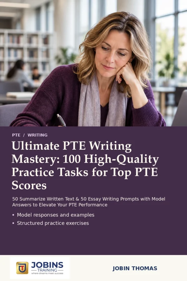 Ultimate PTE Writing Mastery: 100 High-Quality Practice Tasks for Top PTE Scores by Jobin Thomas — front cover