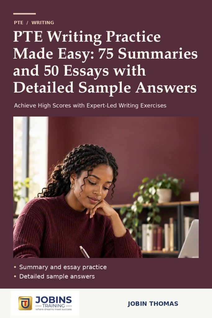 PTE Writing Practice Made Easy: 75 Summaries and 50 Essays with Detailed Sample Answers by Jobin Thomas — front cover