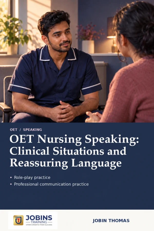 OET Nursing Speaking: Clinical Situations and Reassuring Language by Jobin Thomas — front cover