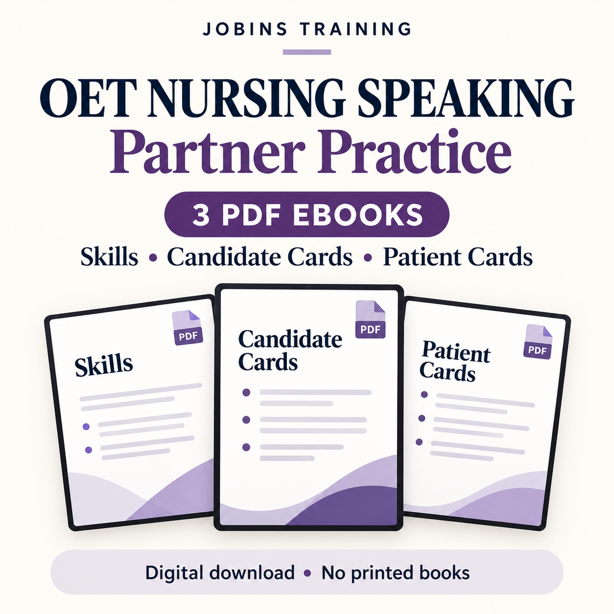 OET Nursing Speaking Partner Practice set: three PDF eBooks with skills lessons and matching candidate and patient cards for 30 cases. Digital downloads only.