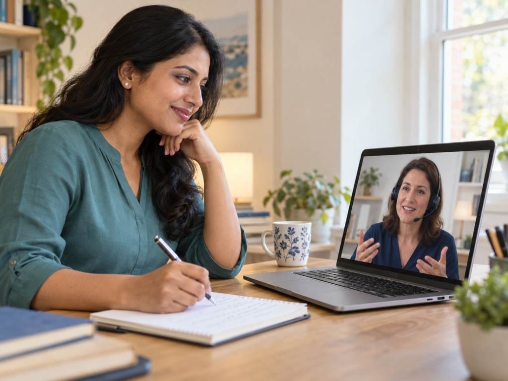 Illustrative scene of a learner and tutor in an online one-to-one lesson.